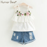 Girls Humor Bear 2019 Girl's Clothes New Summer Children Bow Lace Sling T-shirt+Striped Short Pants Sets Kids Sleeveless Clothing Sets