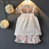 Girls Humor Bear 2019 Girl's Clothes New Summer Children Bow Lace Sling T-shirt+Striped Short Pants Sets Kids Sleeveless Clothing Sets