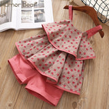 Girls Humor Bear 2019 Girl's Clothes New Summer Children Bow Lace Sling T-shirt+Striped Short Pants Sets Kids Sleeveless Clothing Sets