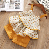 Girls Humor Bear 2019 Girl's Clothes New Summer Children Bow Lace Sling T-shirt+Striped Short Pants Sets Kids Sleeveless Clothing Sets