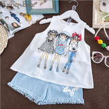 Girls Humor Bear 2019 Girl's Clothes New Summer Children Bow Lace Sling T-shirt+Striped Short Pants Sets Kids Sleeveless Clothing Sets