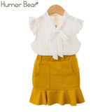 Girls Humor Bear 2019 Girl's Clothes New Summer Children Bow Lace Sling T-shirt+Striped Short Pants Sets Kids Sleeveless Clothing Sets