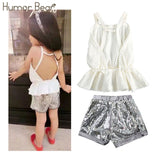 Girls Humor Bear 2019 Girl's Clothes New Summer Children Bow Lace Sling T-shirt+Striped Short Pants Sets Kids Sleeveless Clothing Sets