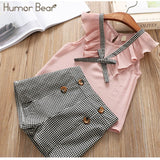 Girls Humor Bear 2019 Girl's Clothes New Summer Children Bow Lace Sling T-shirt+Striped Short Pants Sets Kids Sleeveless Clothing Sets