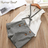 Girls Humor Bear 2019 Girl's Clothes New Summer Children Bow Lace Sling T-shirt+Striped Short Pants Sets Kids Sleeveless Clothing Sets