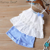 Girls Humor Bear 2019 Girl's Clothes New Summer Children Bow Lace Sling T-shirt+Striped Short Pants Sets Kids Sleeveless Clothing Sets