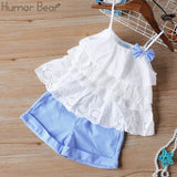 Girls Humor Bear 2019 Girl's Clothes New Summer Children Bow Lace Sling T-shirt+Striped Short Pants Sets Kids Sleeveless Clothing Sets