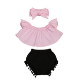 Pudcoco Girl Set 0-24M 3Pcs Toddler Baby Kids Girl Clothes Off Shoulder T-shirt+Short Pants Outfits Set