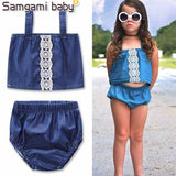 SAMGAMI BABY 2018 New Design Cowboy Suit Girl's Cotton Embroidered Suit Baby Girls Summer Clothing Set T-Shirt+Shorts Newborn