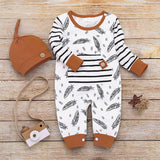 Baby Boy Girl Feather Striped Long Sleeve Romper With Pocket+Hat Sets Newborn Infant Jumpsuit Outfit 2019 Autumn Fashion Clothes