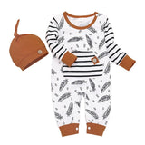 Baby Boy Girl Feather Striped Long Sleeve Romper With Pocket+Hat Sets Newborn Infant Jumpsuit Outfit 2019 Autumn Fashion Clothes