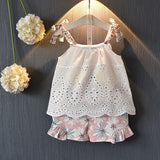 2019 New Girl's Clothes New Summer Children Floral Lace Sling T-shirt+Striped Short Pants Sets Kids Sleeveless Clothing Sets