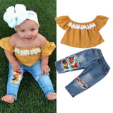 New 2PCS Toddler Kids Baby Girl Clothes Off Shoulder Lace Shirt Tops+Sunflowers Hole Denim Pants Outfits 1-5Y Fast Shipping