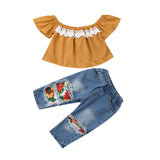 New 2PCS Toddler Kids Baby Girl Clothes Off Shoulder Lace Shirt Tops+Sunflowers Hole Denim Pants Outfits 1-5Y Fast Shipping