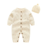 Newborn Baby Girl Boy Sets Knitted Button Romper Jumpsuit Hat 2Pcs Autumn Winter Warm Clothes Baby Solid Outfits 0-18M