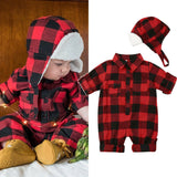 Newborn Kids Baby Boy Girl Xmas Clothes Plaid Romper Jumpsuit Hat Warm Outfit