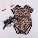 Summer Newborn Baby Girl Clothes Floral Leopard Romper Short Sleeve Jumpsuit+Shoe+Hairband 3Pcs Outfits Set