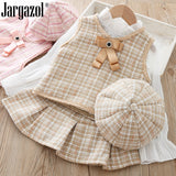 Baby Girls 2019 Fall Clothes Set Baby Girls High Quality 3 Pcs Clothing Suit Waistcoat Pleated Skirt & Berets Hat Baby Girl's Clothing Set