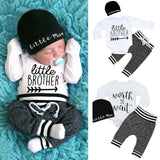 Newborn Infant Baby Boy Clothes Sets 3pcs Little Brother Long Sleeve Romper Pant Hats Outfit Clothes