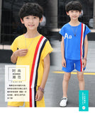 Boys' suit 2018 summer leisure big boy fashion English letter rainbow ribbon set boy children kid clothing