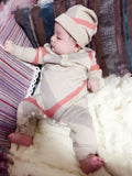 Girls Spring Autumn And Winter Baby Boy's And Girl's Cute Khaki Knitting Jumpsuits, Long Sleeve Plaid Knitted Cotton Clothing + A Hat