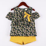 New Girls Floral Clothes Set Shoulder Shirt And Yellow Pants 2 Pcs Girl's Clothing Suit Summer Outerwear Casual Chiffon Sets