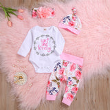 Pudcoco Newborn Baby Girl Clothes Letter Print Long Sleeve Romper Tops Flower Print Long Pants Headband Hat 4Pcs Outfits Set