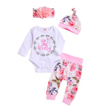 Pudcoco Newborn Baby Girl Clothes Letter Print Long Sleeve Romper Tops Flower Print Long Pants Headband Hat 4Pcs Outfits Set