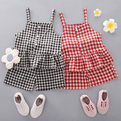 Girls 2019 Summer Fashion Newborn Baby Girls Clothing Sets Sweet Plaid Sleeveless T-shirts+Shorts Outfits Clothes Summer Girl's Set