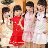 Baby Girls Children's Traditional Chinese Clothing Summer Embroidered Dress Girl's Cheongsam Girls Lotus Set
