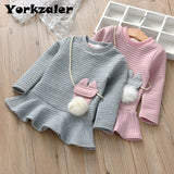 Fashion Kids Girls Long Sleeve Dress Autumn Solid Baby Girl's Outfit Children Clothing with Fashion Ball Pockets