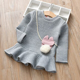 Fashion Kids Girls Long Sleeve Dress Autumn Solid Baby Girl's Outfit Children Clothing with Fashion Ball Pockets
