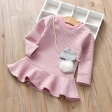 Fashion Kids Girls Long Sleeve Dress Autumn Solid Baby Girl's Outfit Children Clothing with Fashion Ball Pockets