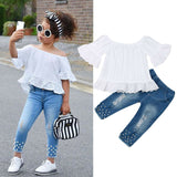 2Pcs Modis  Baby Girls Clothing Suit Princess Lace Off Shoulder Tops Toddler Kids Pearl Denim Pants Trousers Outfits Girl's Set
