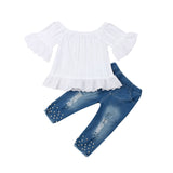2Pcs Modis  Baby Girls Clothing Suit Princess Lace Off Shoulder Tops Toddler Kids Pearl Denim Pants Trousers Outfits Girl's Set
