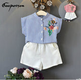 Girl's Clothes Set Striped Blouse Shirt and White Shorts Pants 2 Pcs Clothing Suit Summer Outfits Fashion Children Clothes