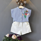 Girl's Clothes Set Striped Blouse Shirt and White Shorts Pants 2 Pcs Clothing Suit Summer Outfits Fashion Children Clothes