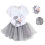 Spring Autumn Lovely Girl Set Floral Cat Printed T-shirt + Mesh Tutu Skirt Costume Girl's Clothing Set 2PCs