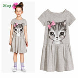 Girl Dresses 2018 Fashion Kids Cat Print Cartoon Gray Pink Baby Girl's Clothing Children's Wear 2-7Y
