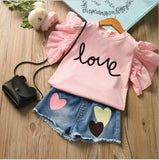 Summer Girl's 2pcs Clothes Sets Pearl LOVE Short-sleeved T-shirt And Denim Shorts Pants Suits Children Clothing Set Kids Clothes