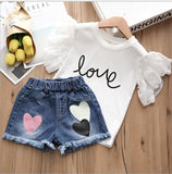 Summer Girl's 2pcs Clothes Sets Pearl LOVE Short-sleeved T-shirt And Denim Shorts Pants Suits Children Clothing Set Kids Clothes