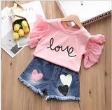Summer Girl's 2pcs Clothes Sets Pearl LOVE Short-sleeved T-shirt And Denim Shorts Pants Suits Children Clothing Set Kids Clothes