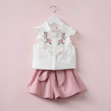 2018 Girl's Summer Clothing Set Short Sleeve Flower Embroidery Top And Pants Suit Set Children's clothes Set For Girls