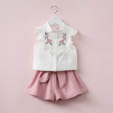 2018 Girl's Summer Clothing Set Short Sleeve Flower Embroidery Top And Pants Suit Set Children's clothes Set For Girls
