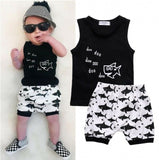 New in Fashion Summer Cute Baby Boys Casual Cotton Sleeveless Black Tops Shark White Short Pants Outfits 2Pcs Set Clothes 0-24M
