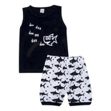 New in Fashion Summer Cute Baby Boys Casual Cotton Sleeveless Black Tops Shark White Short Pants Outfits 2Pcs Set Clothes 0-24M